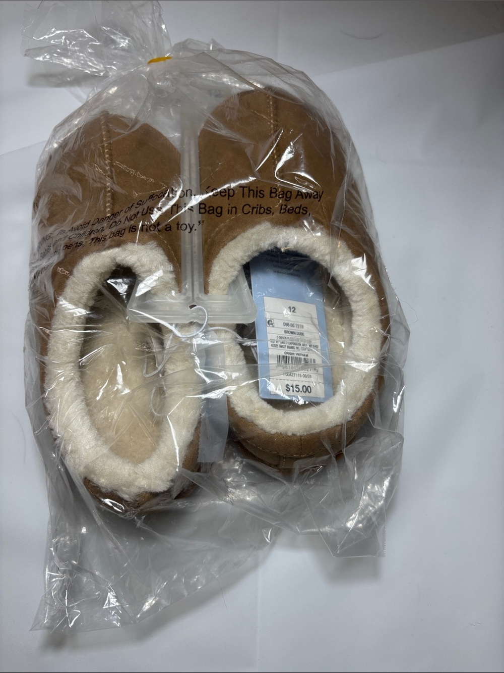 Cat & Jack Tan Moccasin Slippers with Cream Fleece Lining size 12